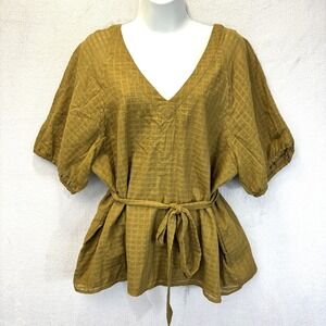 Banana Republic Belted Blouse Womens Large Olive Brown Balloon Sleeve Smocked